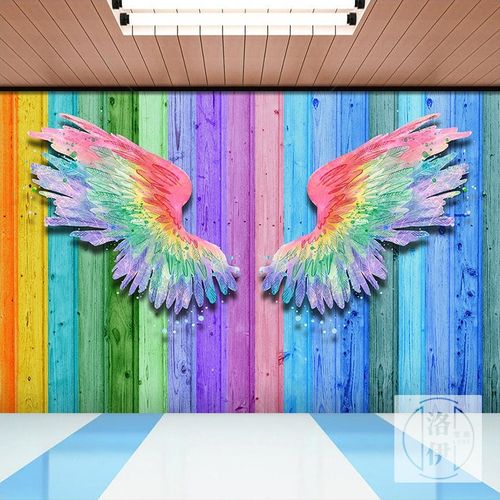 翅膀网红打卡拍照背景墙壁纸彩虹色壁画健身房舞蹈室街舞教室墙纸