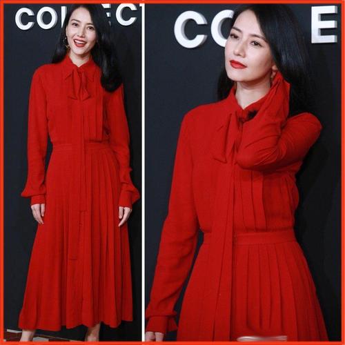 明星高圆圆同款连衣裙2022新款长袖春款女礼服红裙子结婚平时可穿