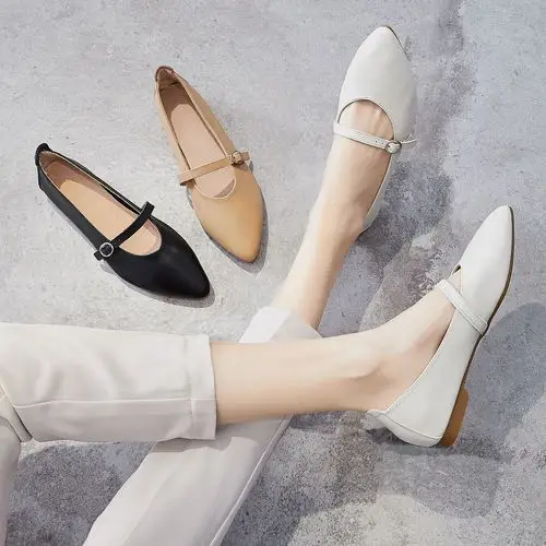 2019秋款韩版真皮平底尖头单鞋女浅口一字扣带玛丽珍鞋软底奶奶鞋