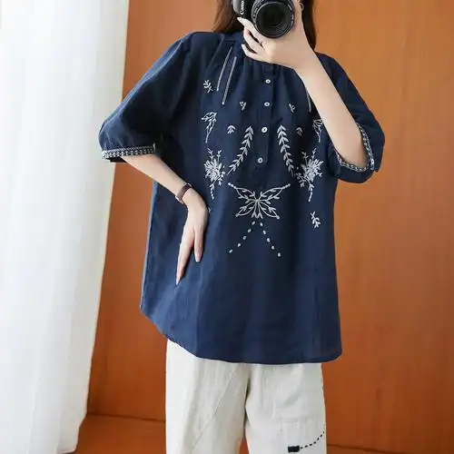 棉麻短袖t恤女短款文艺复古民族风刺绣苎麻小衫宽松亚麻中袖上衣