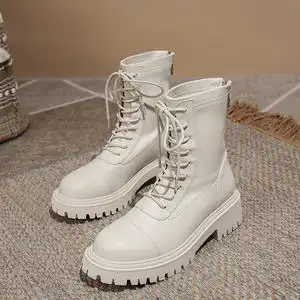 厚底真皮马丁靴女系带短筒白色靴子粗跟单靴英伦风短靴百搭瘦瘦靴