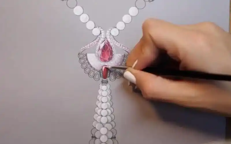 红宝石珍珠项链手绘