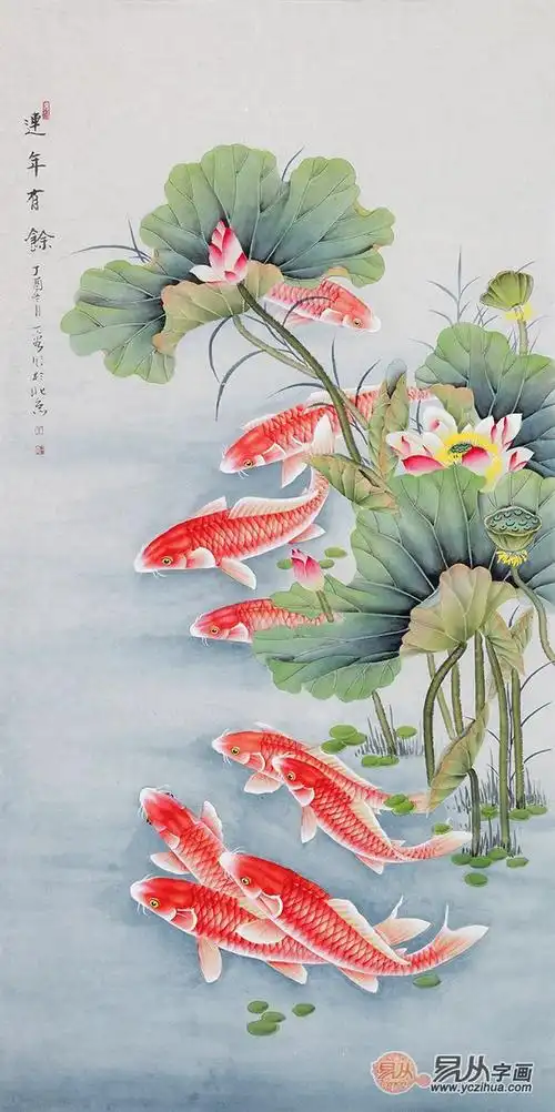 经典玄关装饰画 王一容聚财旺运九鱼图《连年有余》(作品来源:易从网)