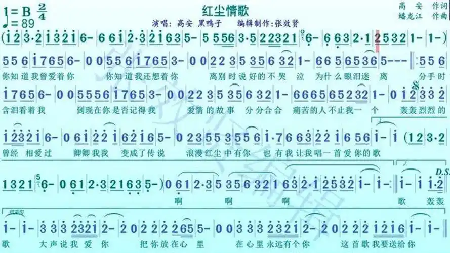 歌曲《红尘情歌》的动态有声简谱