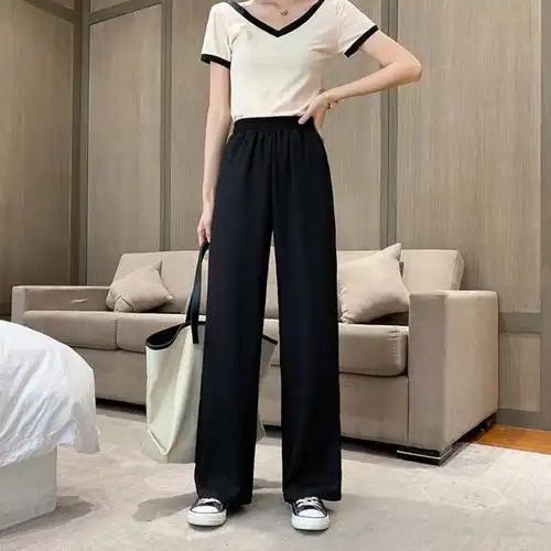 裤子女学生宽松显瘦阔腿裤女拖地坠感黑色直筒长裤百搭休闲裤春夏