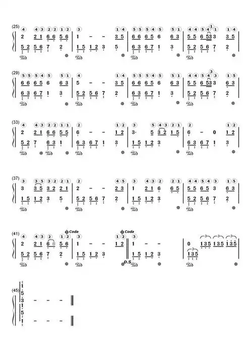 这首歌谱编配中,使用的是左手分解和弦弹奏技巧,为了弹奏方便与好听