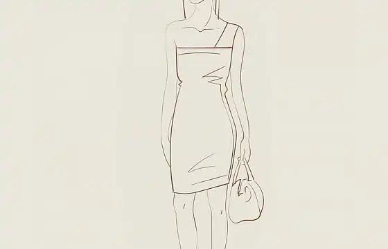 简约线条风格时尚提着小包的连衣裙职场女性时装设计草图图片免抠矢量