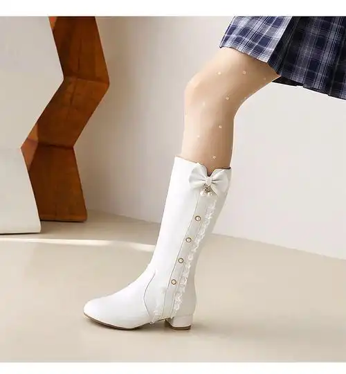 女童加绒加厚长筒靴高筒靴秋冬长筒靴公主皮靴高跟鞋子儿童长靴 白色