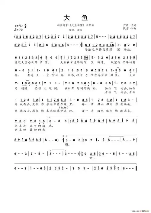 大鱼海棠崔晓彤 - 大鱼海棠 伴奏 古筝演出伴奏 简谱五线谱 - 福曜