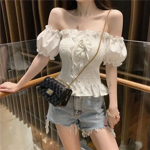 黑色女式衬衫_网红yy直播衣服女主播服装上镜性感一字肩抹胸上衣短袖