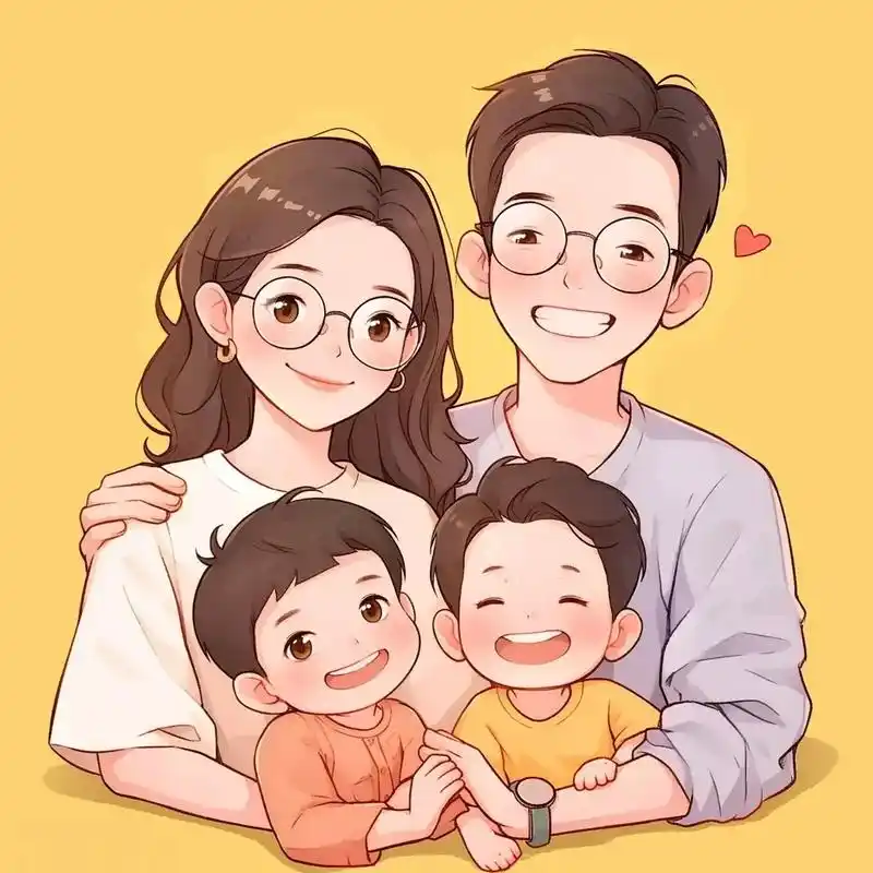 一家四口俩儿子爸妈戴眼镜全家漫画头像.