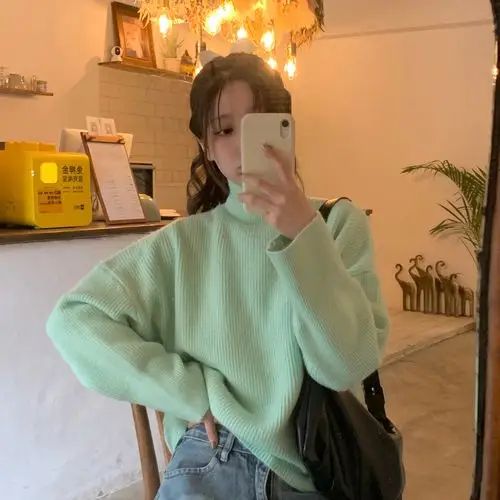 实拍实价 马卡龙纯色高领长袖毛衣针织衫女