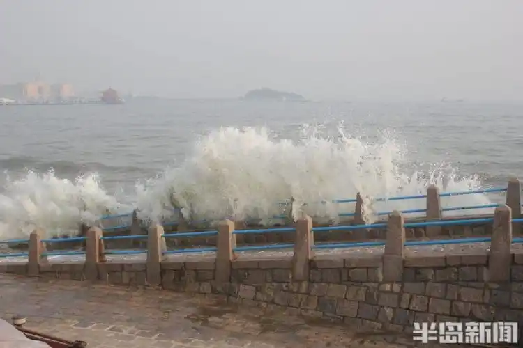 3月22日,游客在青岛栈桥海域观浪.