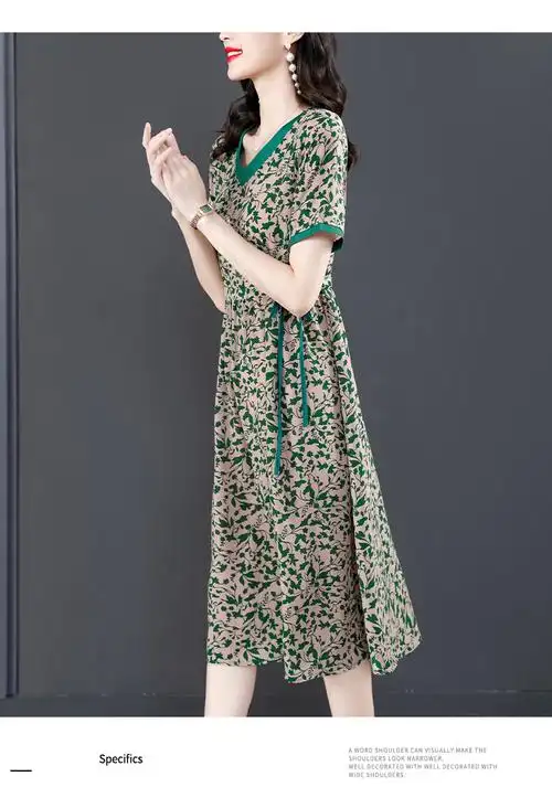 180克冰丝连衣裙套头夏季大码印花大摆裙显瘦气质过膝长裙有口袋 - 17