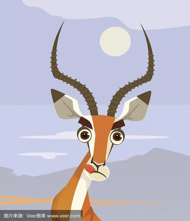 快乐微笑的羚羊人物吉祥物咀嚼和看