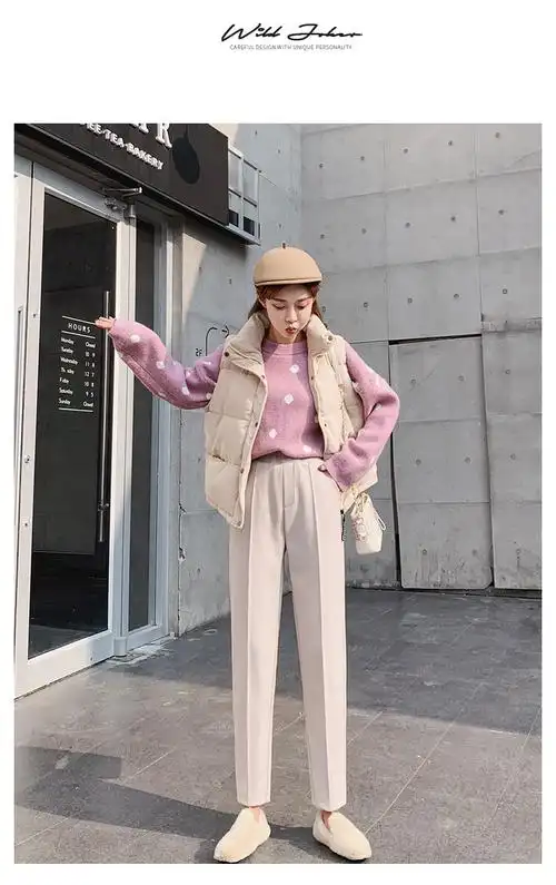 哈伦裤宽松直筒长裤新款萝卜秋冬季2019休闲阔腿高腰毛呢加绒18-2