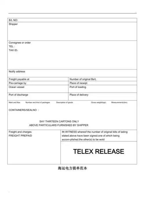 海运电放提单模板