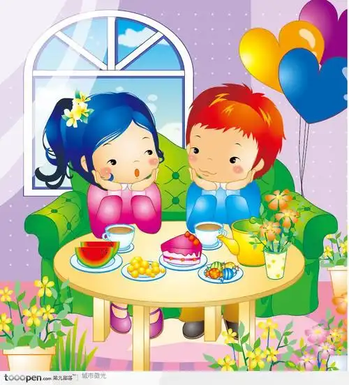 卡通儿童插画-双手托着下巴的男孩和女孩人物插画矢量图