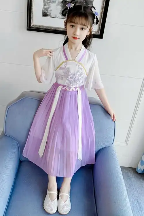 汉服女童春秋儿童仙童装宝宝裙子古装女孩公主古风襦裙唐装夏季紫色
