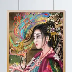 国潮古风中国风国画凤凰美人执扇桃花复古