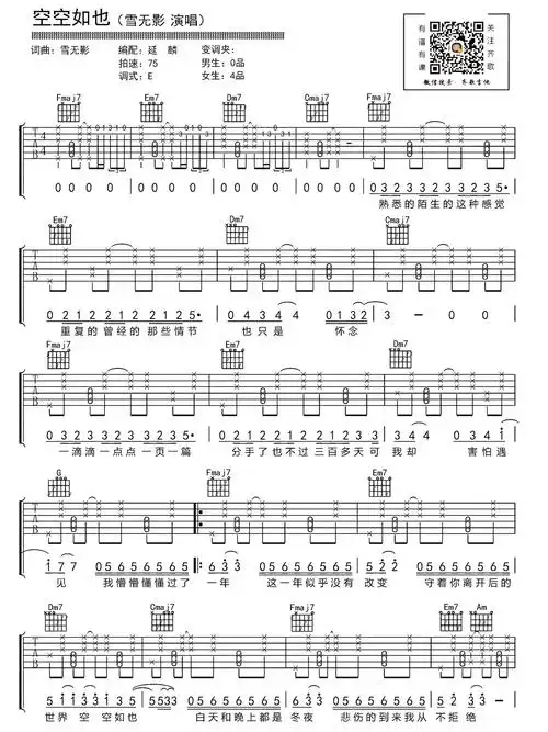 胡66空空如也吉他谱-e调指法拍弦弹唱谱