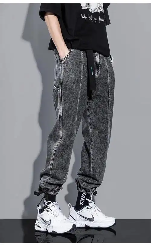 秋季新款牛仔裤男潮牌宽松束脚休闲复古网红ins深色裤子黑色1xl黑色1s