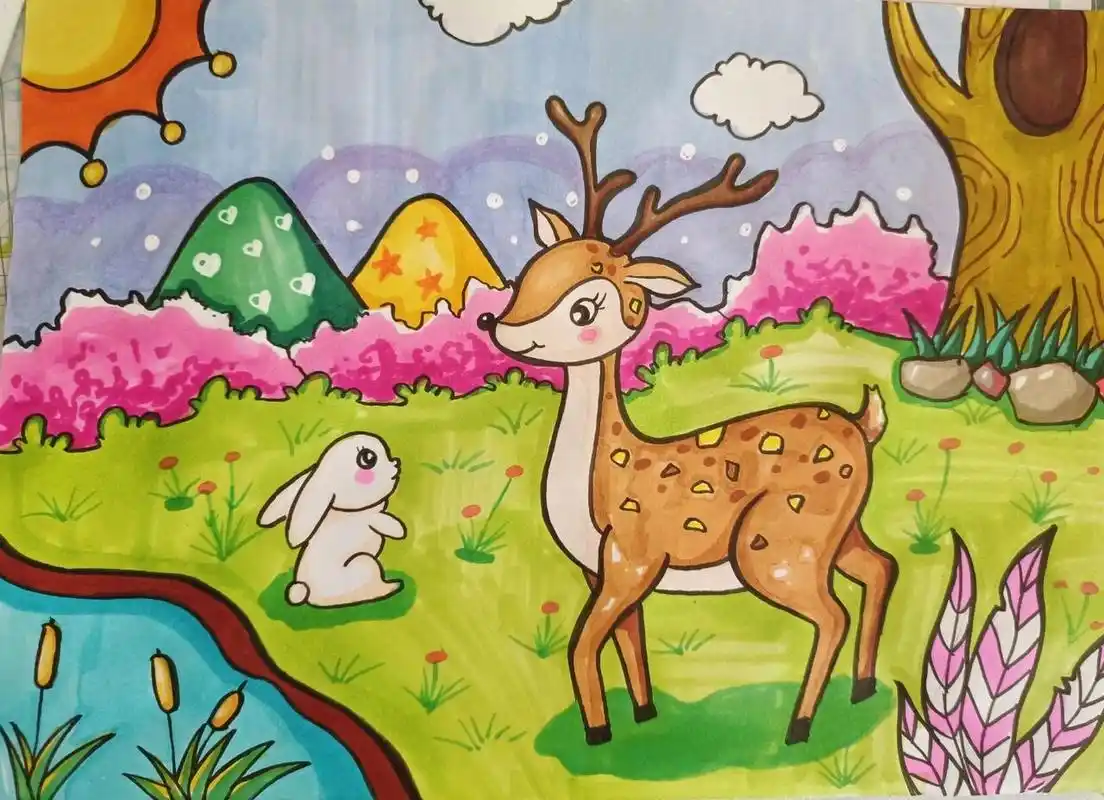 可爱的梅花鹿儿童画,梅花鹿儿童画,儿创画 可爱的梅花鹿.