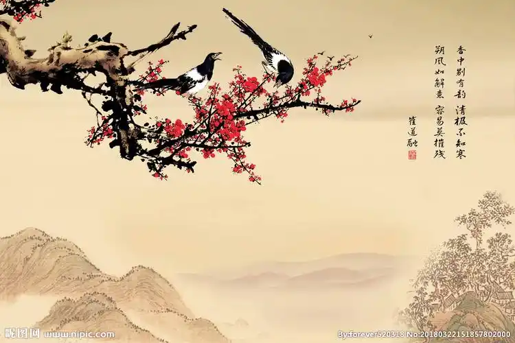 中式梅花国画山水喜上眉梢背景墙图片