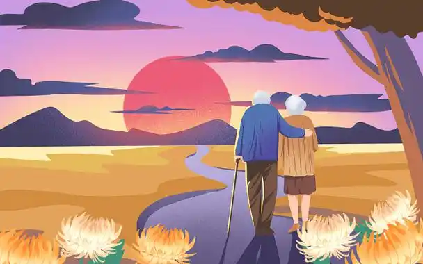 手绘卡通重阳节老夫妻背影场景原创插画海报