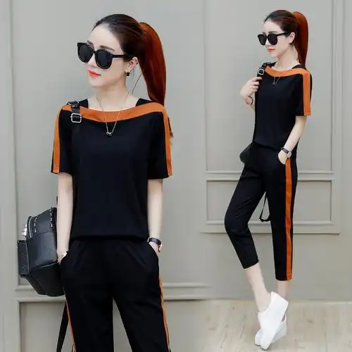 欧乐鑫运动服套装女夏季2018新款韩版夏天休闲女装时尚短袖七分裤两件