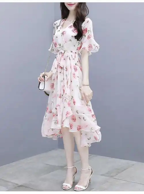 2018夏季新款女装修身中长款雪纺印花v领仙女裙气质名媛连衣裙女