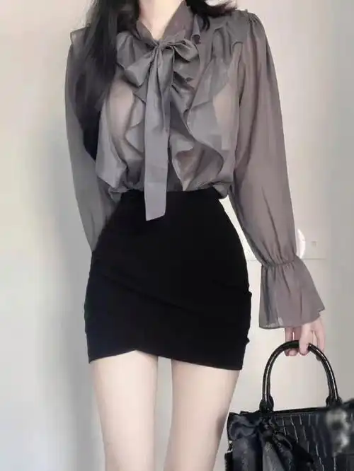 黑色短裙女春职业显瘦半身裙高腰紧身包臀裙不规则性感褶皱一步裙