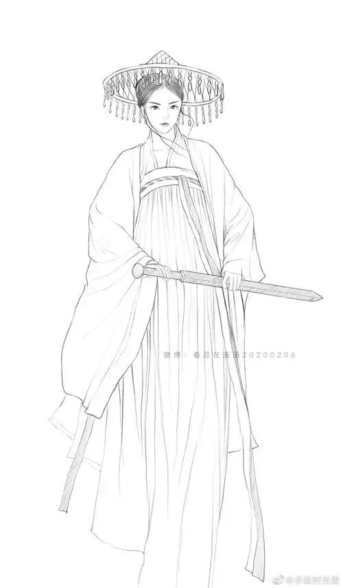 人物线稿黑白动漫素材手绘插画绘画古风