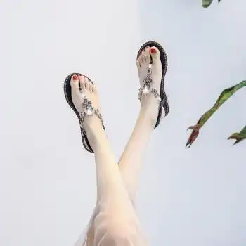 夹脚罗马凉鞋女人字夹平底鞋仙配裙子波西米亚度假沙滩软底露趾鞋黑色