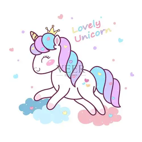 可爱的独角兽公主戴着皇冠在云端跳跃.矢量可爱的独角兽在云端.