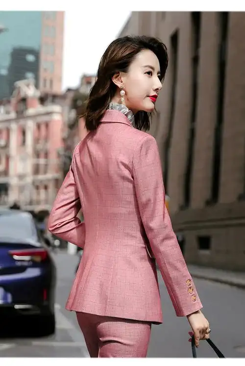 西装套装女春季时尚气质格子两件套轻奢休闲轻奢西服ol粉色外套裤子s