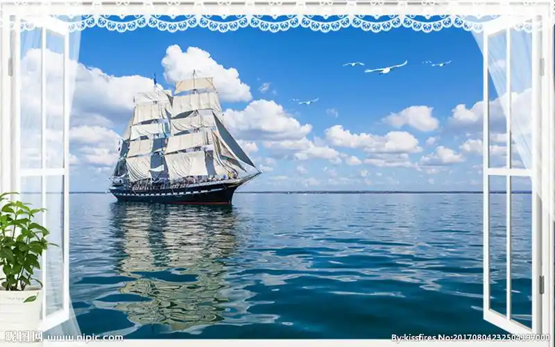 3d立体假窗大海帆船一帆风顺图片