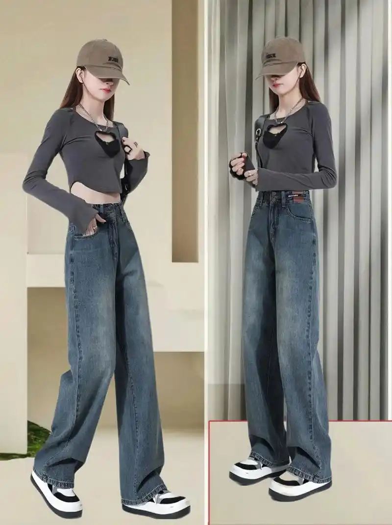 阔腿牛仔裤女2024秋季女装复古高腰宽松~直筒拖地裤子设计感 - 抖音