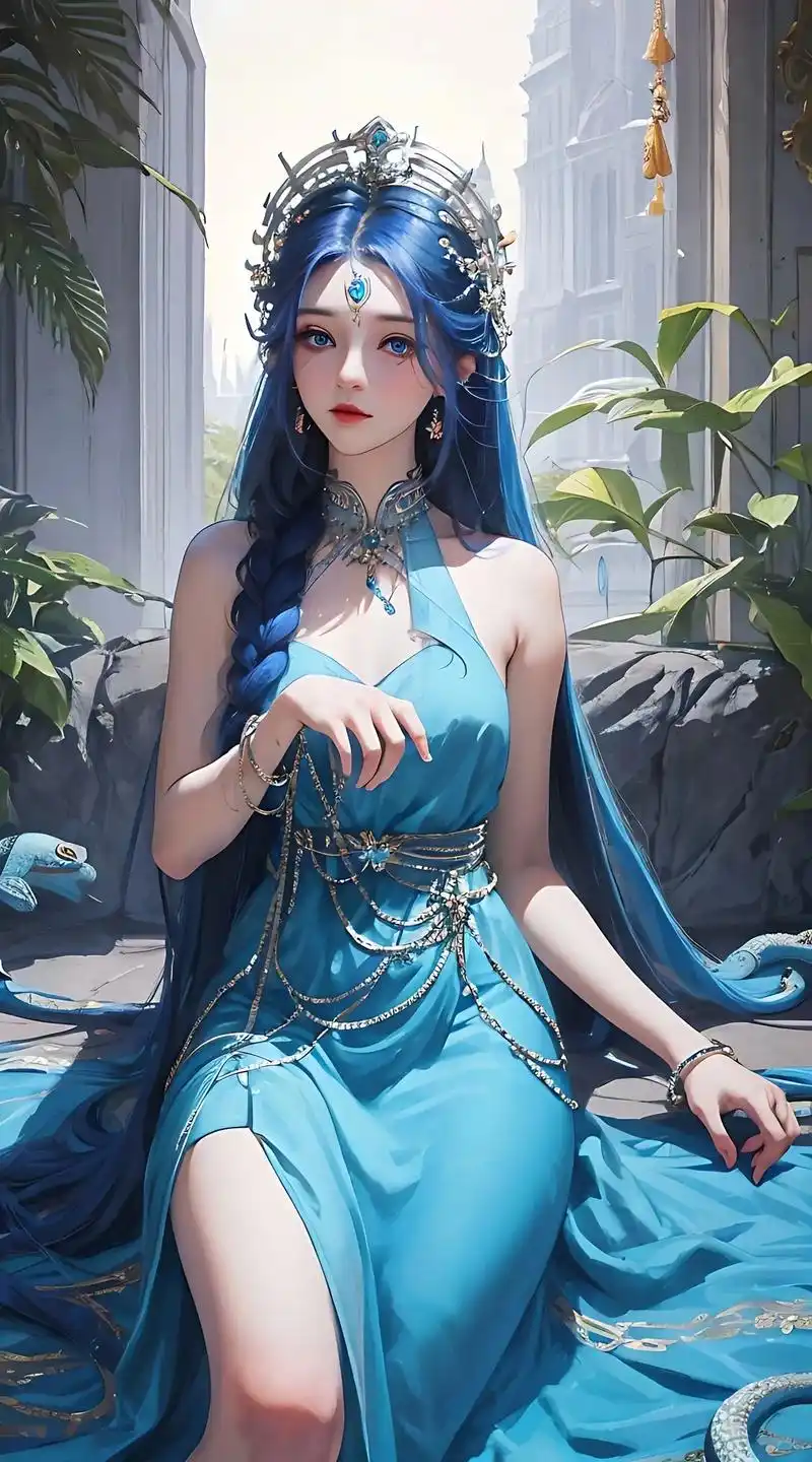 头上有很多蓝色蛇装饰,飘扬的,眼神魅一点,蛇女,美杜莎类型# - 抖音