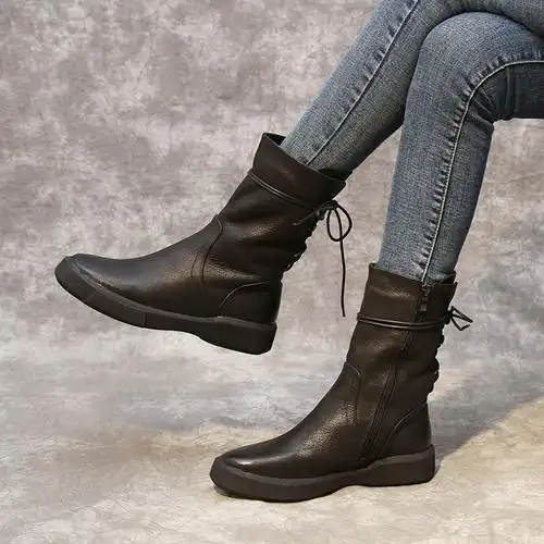 策霸女靴冬季加绒侧拉链二棉中筒靴女真皮复古马丁靴平底棉靴