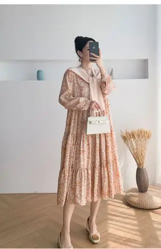 连衣裙女2021早春季新款女装雪纺中长款气质高腰显瘦长袖碎花长裙