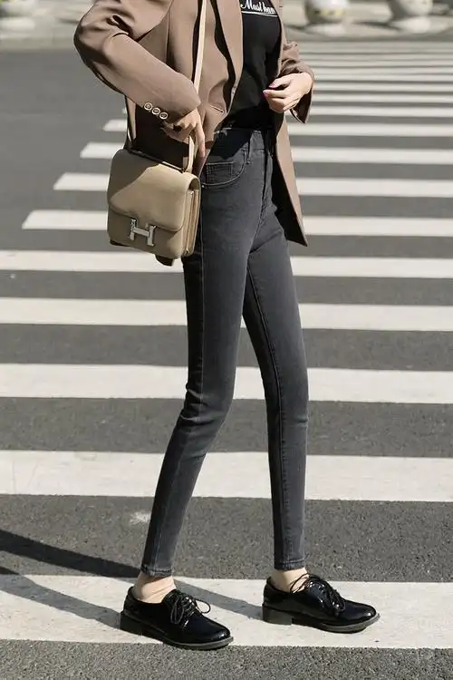 网红烟灰灰色牛仔裤女高高腰2020新款韩版紧身牛仔裤