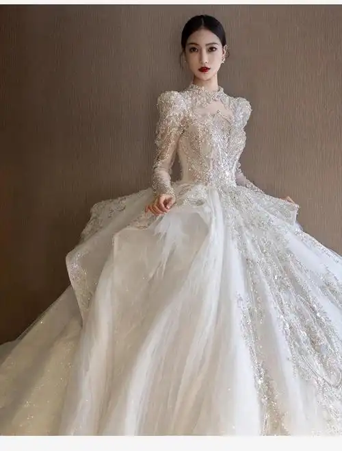 轻奢高端熏默法式婚纱2021新款长袖质感主纱结婚高端超仙拖尾齐地s