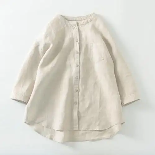 亚麻衬衫立领七分袖衬衣 宽松大码防晒衫日系棉麻女装夏 - 17网