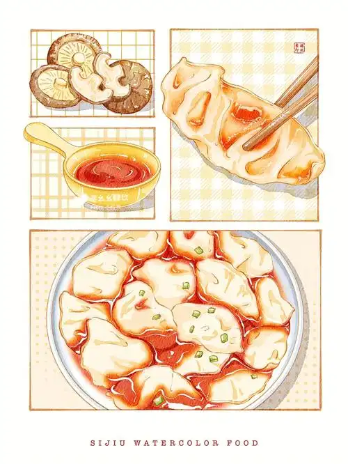 画画  #肆玖水彩美食打卡  #美食  #饺子  #分镜插画  #水彩美食