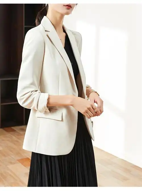 恋雪仿醋酸西装外套女2022春季新款气质休闲小西服女春秋上衣 米色 s