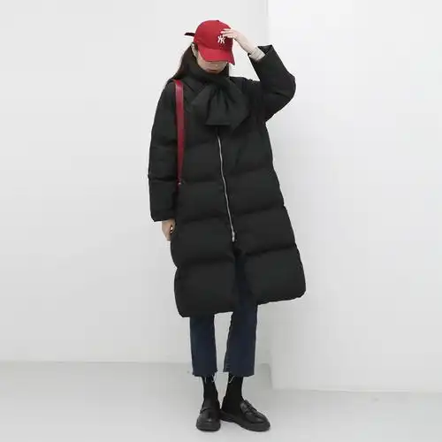 金大班日系设计感黑色中长棉衣服袄外套女附围脖2020秋冬新款愿得