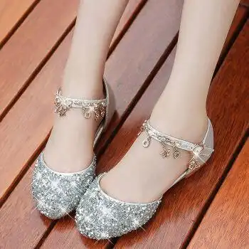 女童水晶鞋新款中大童银色演出皮鞋儿童高跟鞋女孩凉鞋公主鞋 银色2号