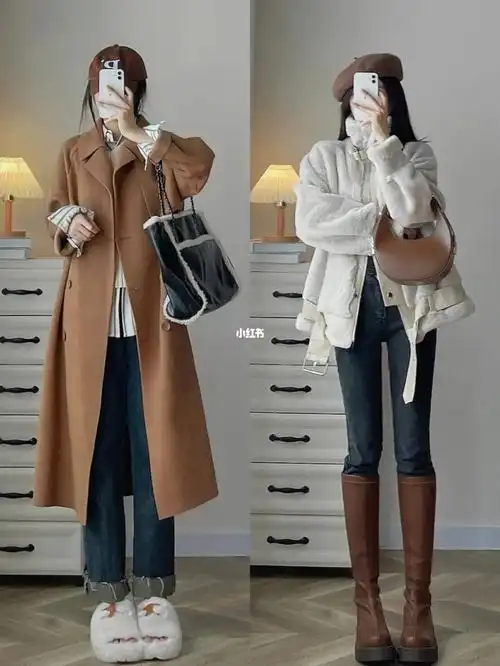 黑灰色紧身牛仔裤这个外套有点机车风耶,浅卡其色的很舒服很保暖～配