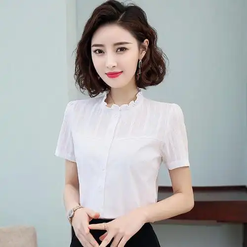 2021年韩版立领白色衬衫女纯棉短袖衬衫职业装时尚衬衣翻领上衣女